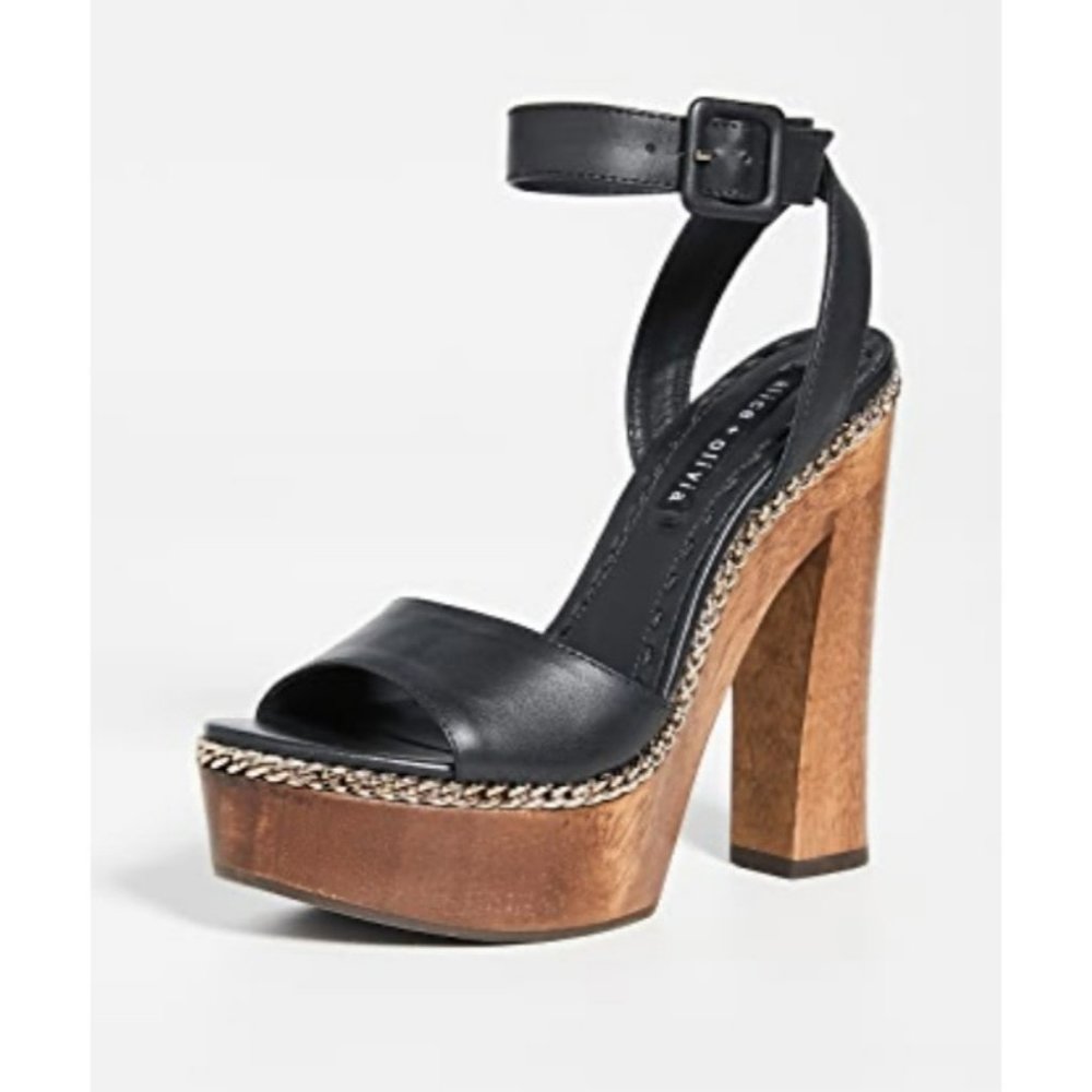 Alice + Olivia Faira Black Leather Open Toe Wood Platform Heel Sandal 7 Women